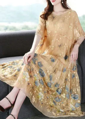 Italian Apricot Embroidered Hooded Extra Large Hem Silk Maxi Dresses AC3040