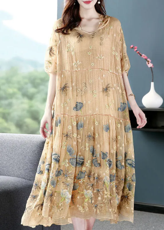 Italian Apricot Embroidered Hooded Extra Large Hem Silk Maxi Dresses AC3040