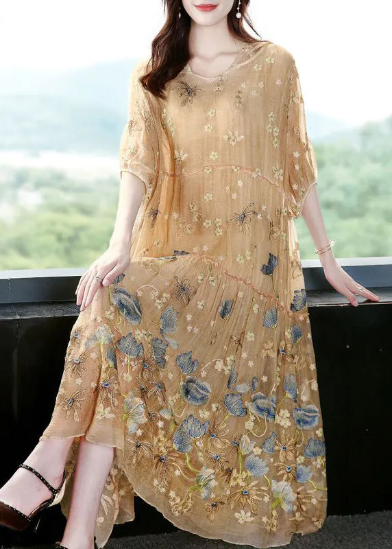 Italian Apricot Embroidered Hooded Extra Large Hem Silk Maxi Dresses AC3040