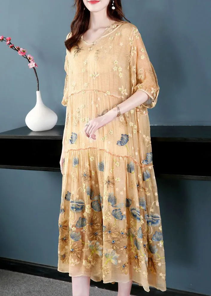 Italian Apricot Embroidered Hooded Extra Large Hem Silk Maxi Dresses AC3040