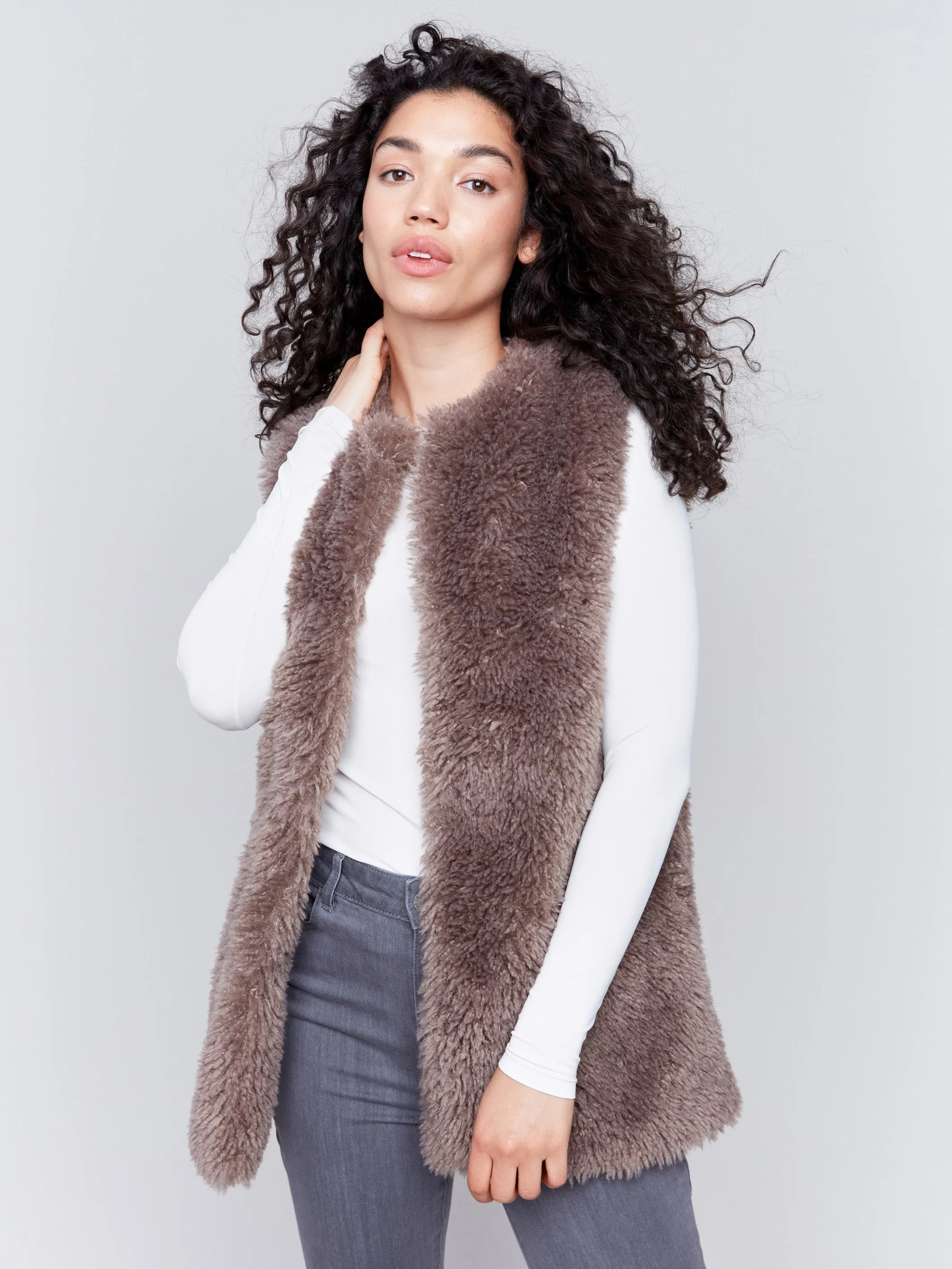 Long Faux Fur Vest - Taupe