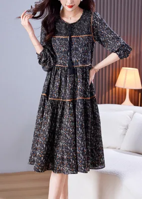 Loose Black O-Neck Print Patchwork Wrinkled Chiffon Long Dresses Spring LY6155