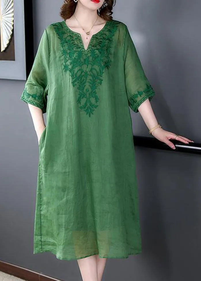 Loose Green Embroideried Linen Silk Dresses Half Sleeve LY3716