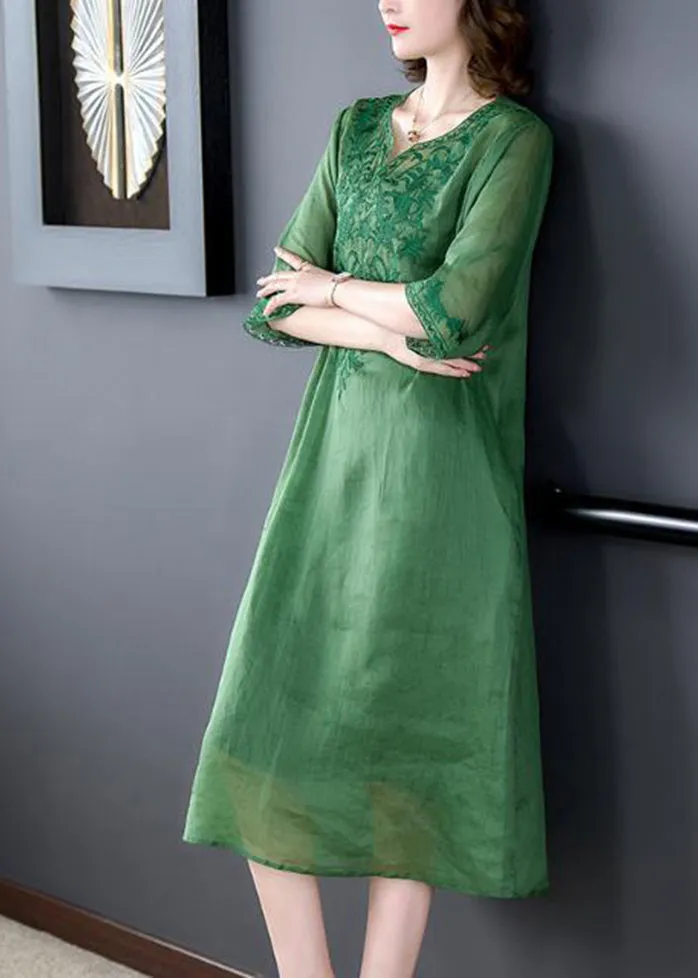 Loose Green Embroideried Linen Silk Dresses Half Sleeve LY3716