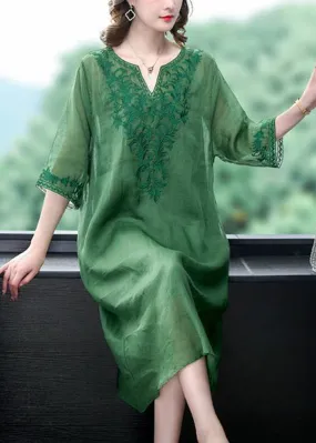 Loose Green Embroideried Linen Silk Dresses Half Sleeve LY3716