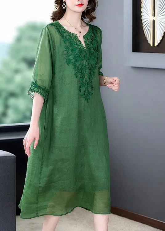 Loose Green Embroideried Linen Silk Dresses Half Sleeve LY3716