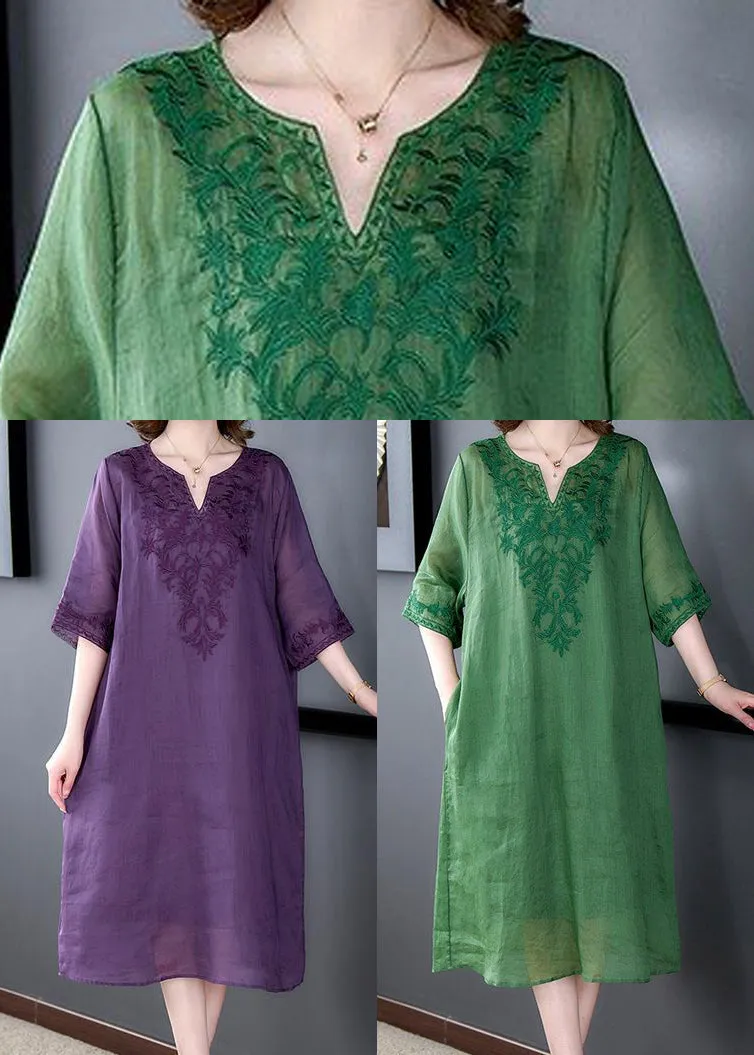 Loose Green Embroideried Linen Silk Dresses Half Sleeve LY3716