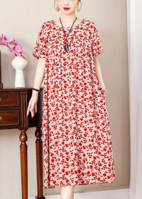 Loose Red Print Pockets Cotton Long Dresses Summer QE019