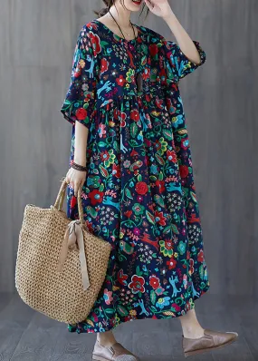 Natural Blue O-Neck Print Wrinkled Cotton Long Dresses Summer LY6576