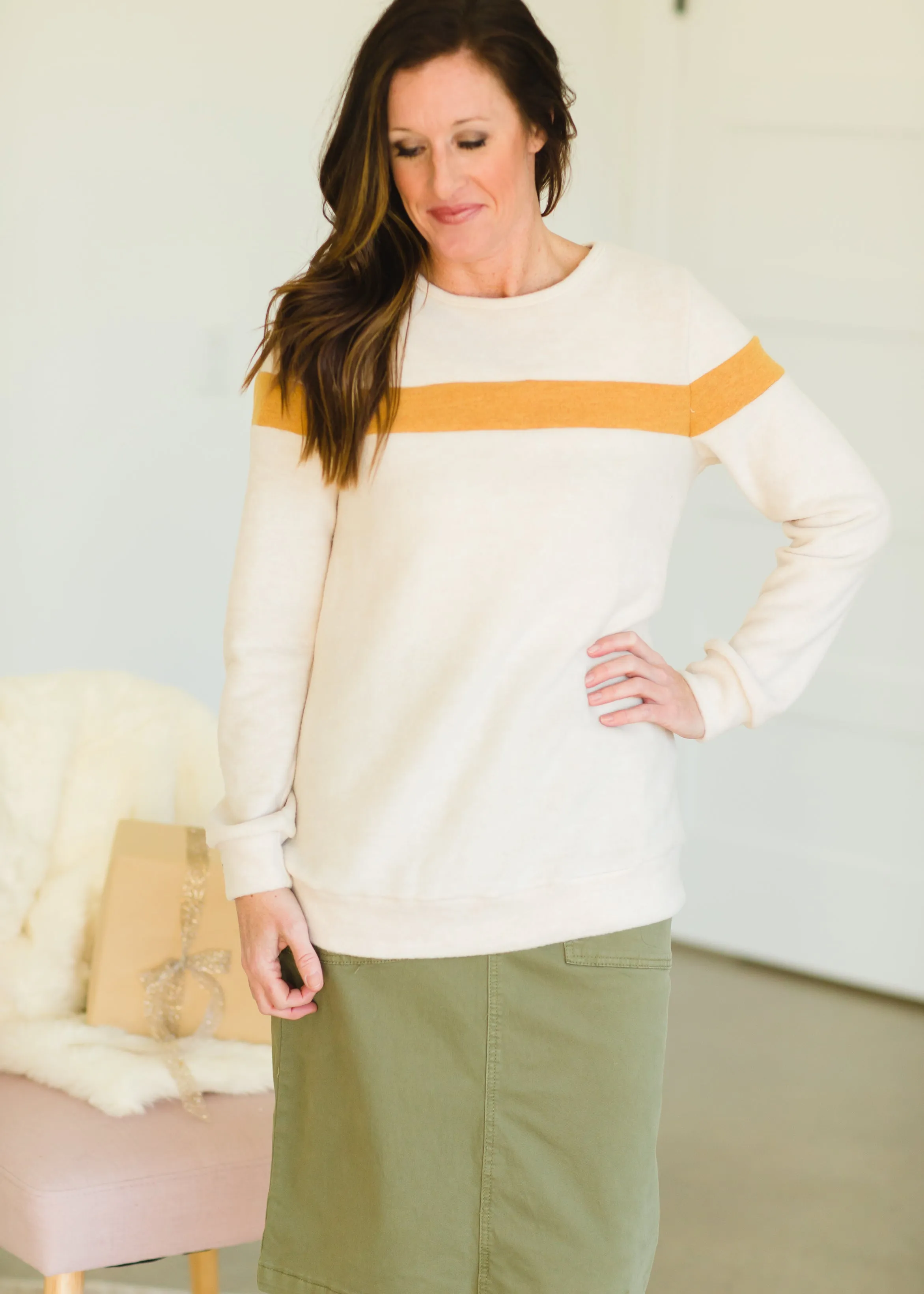 Oatmeal Crewneck Mustard Stripe Top - FINAL SALE