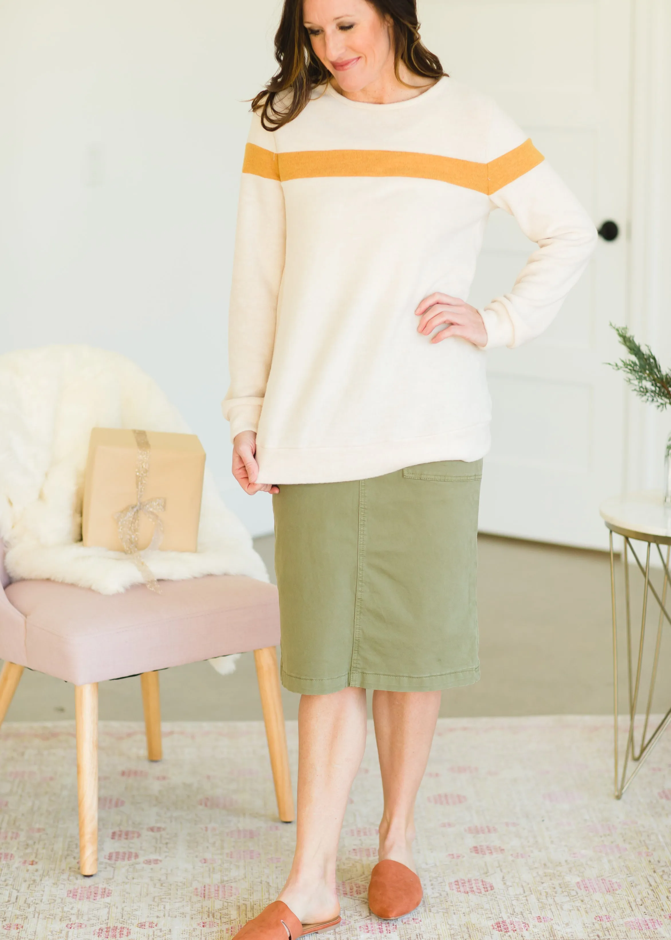 Oatmeal Crewneck Mustard Stripe Top - FINAL SALE