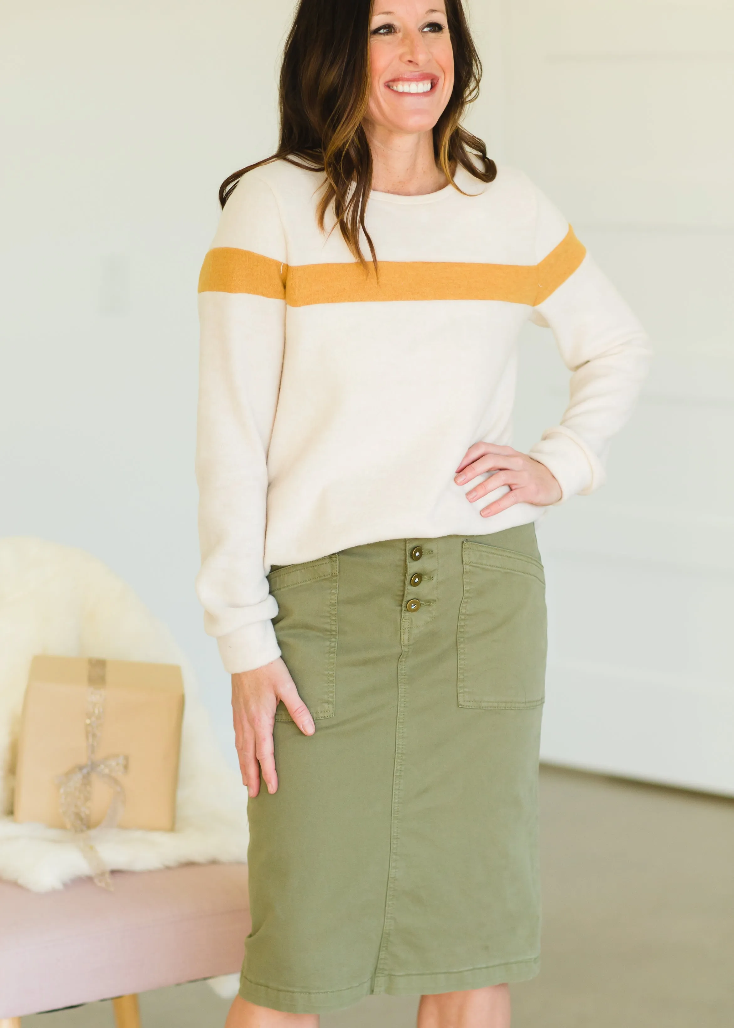 Oatmeal Crewneck Mustard Stripe Top - FINAL SALE