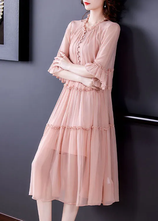 Organic Pink Ruffled Patchwork Silk Dresses Half Sleeve