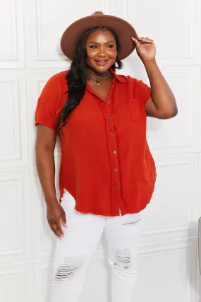 Red Orange Gauze Cotton Short Sleeve Button Up Blouse