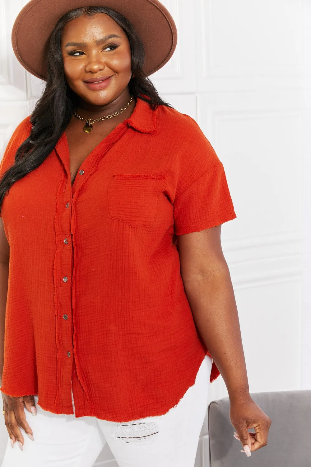 Red Orange Gauze Cotton Short Sleeve Button Up Blouse