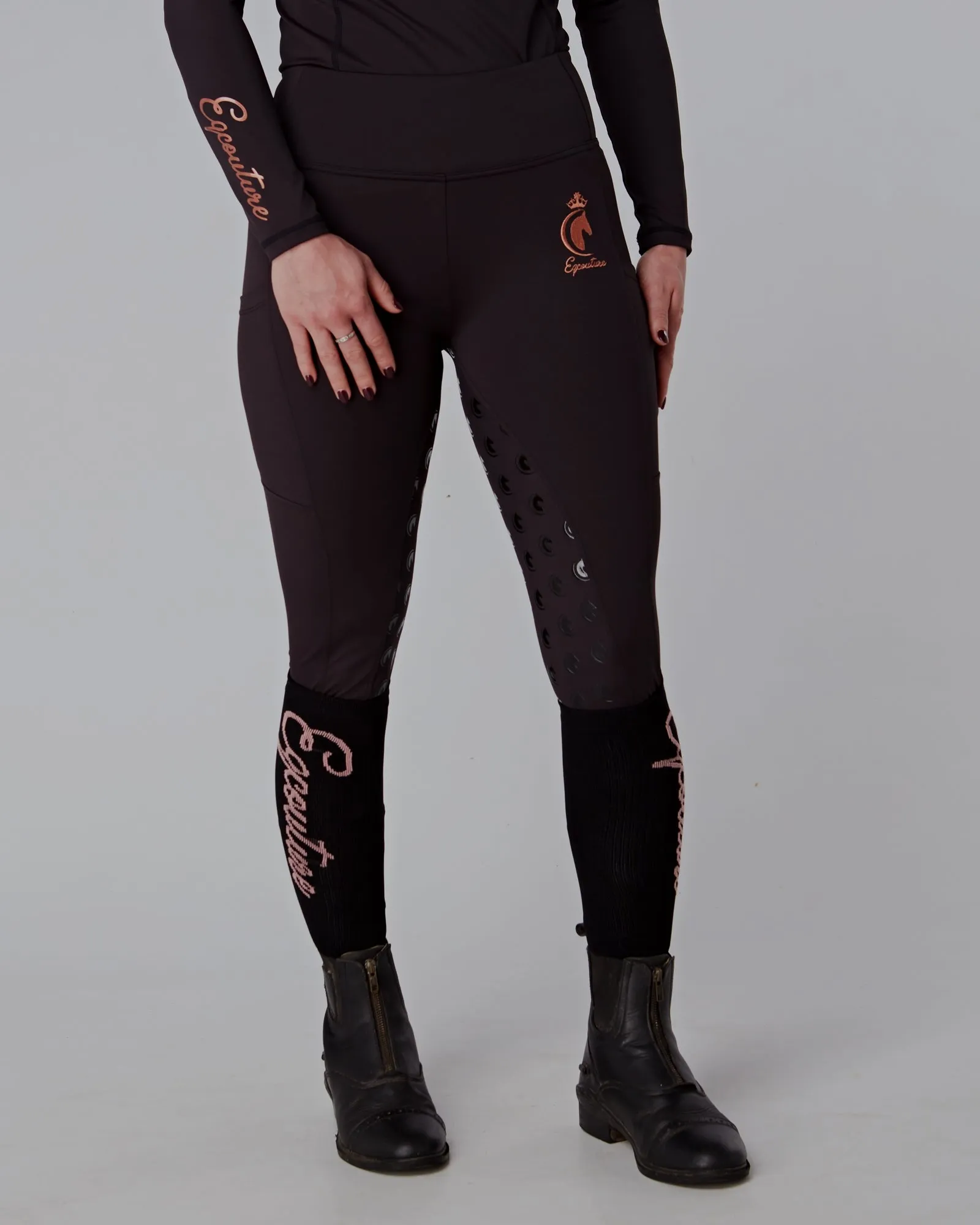 Rose Gold & Black Riding Leggings / Tights with Phone Pockets - BLACK/ROSE GOLD