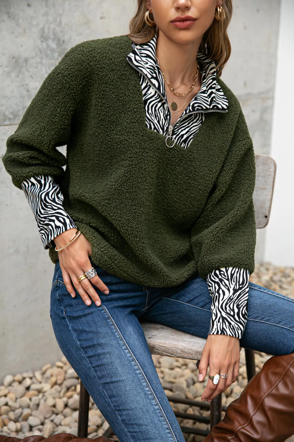 Snakeskin Print Sherpa Quarter-Zip Sweatshirt