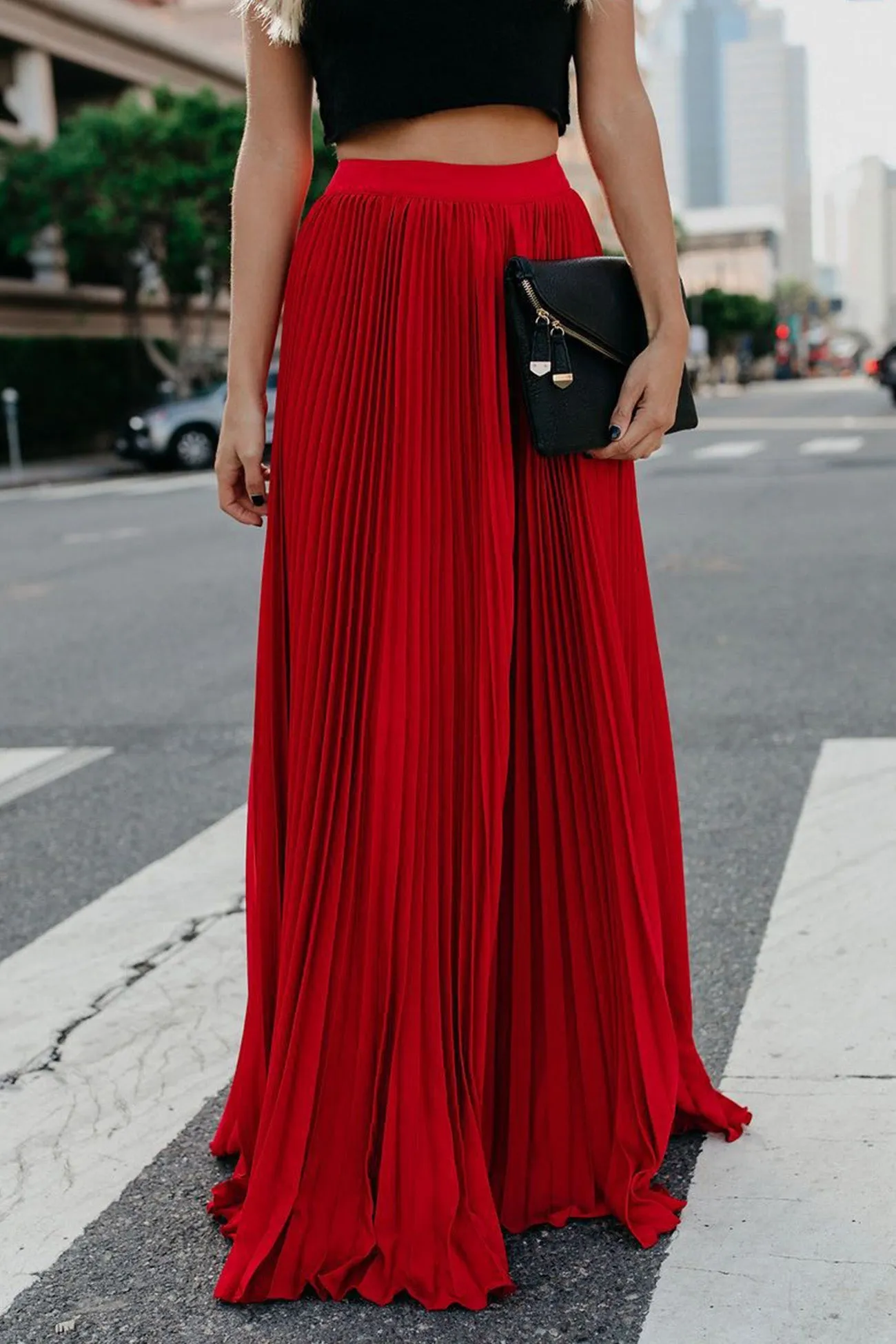 Solid Color High Waist Pleated Maxi Skirt