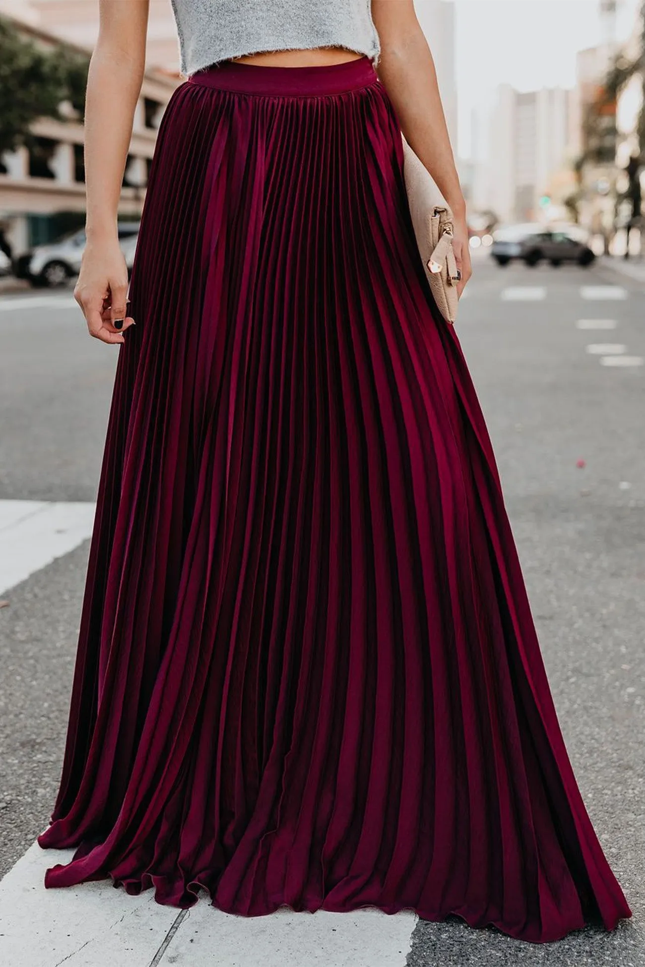 Solid Color High Waist Pleated Maxi Skirt