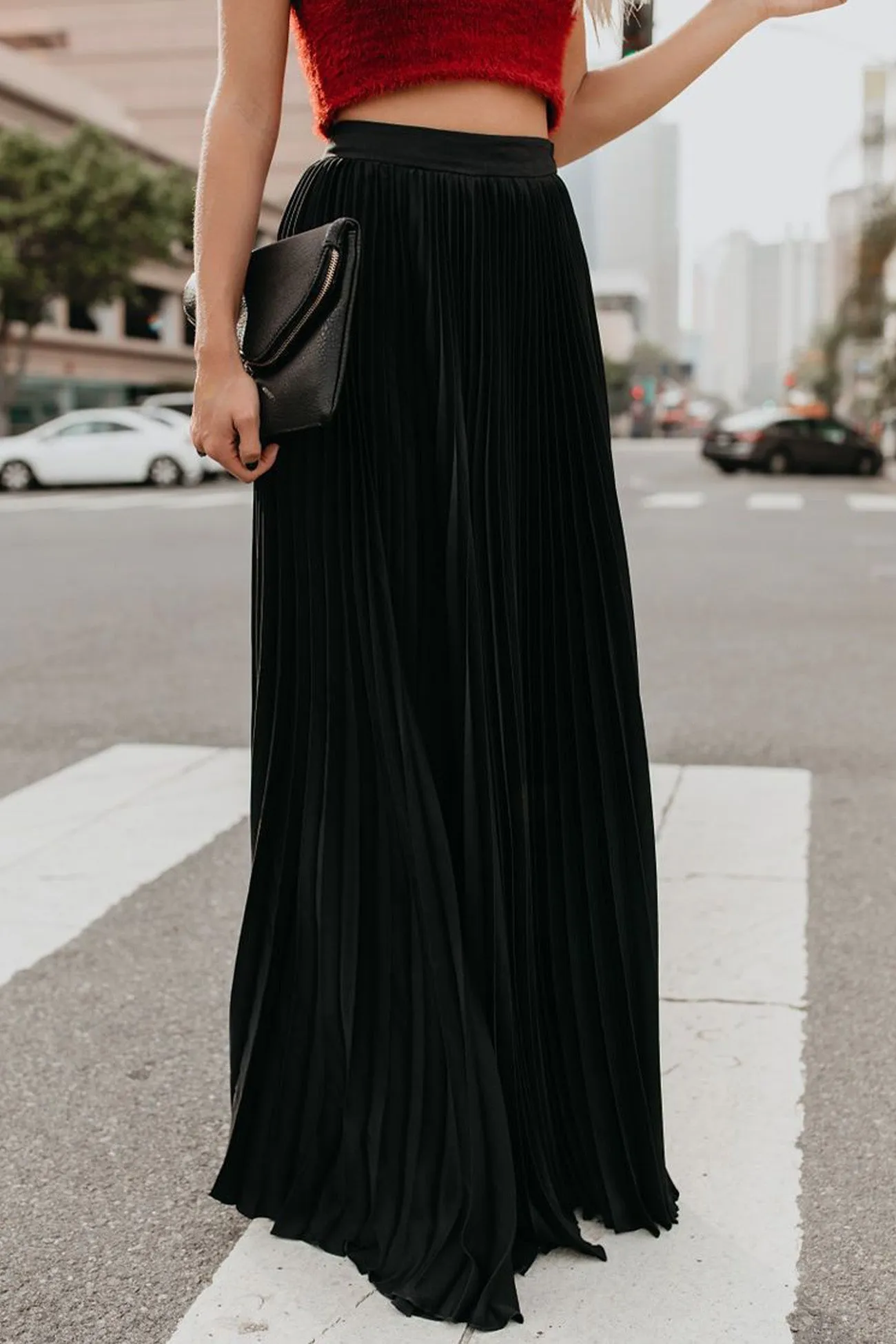 Solid Color High Waist Pleated Maxi Skirt