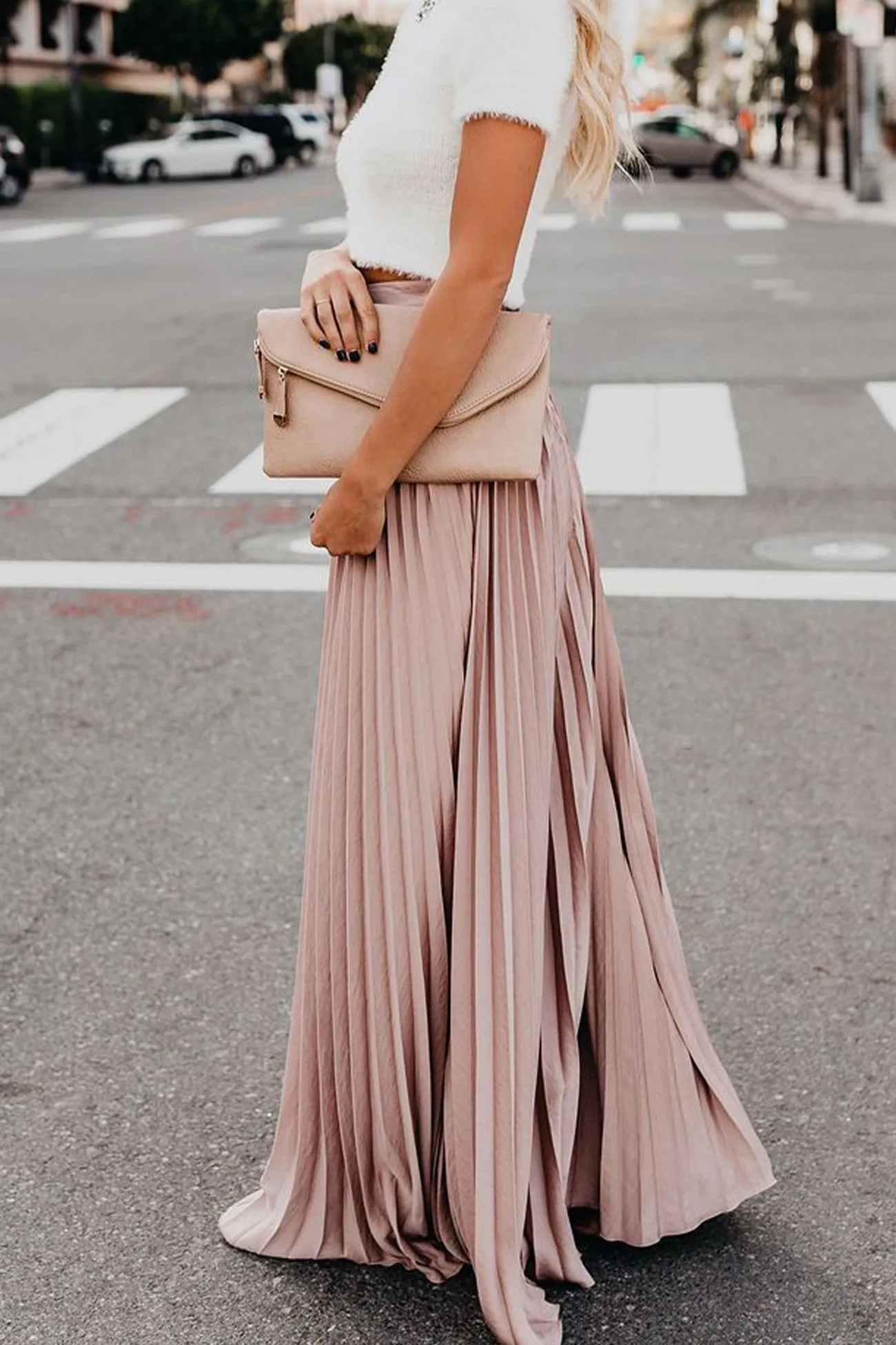 Solid Color High Waist Pleated Maxi Skirt