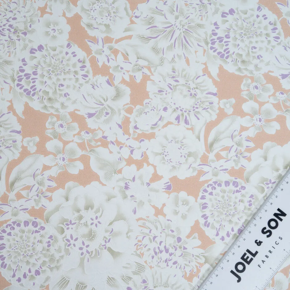 White Floral Vision Printed Peach Pure Silk Twill