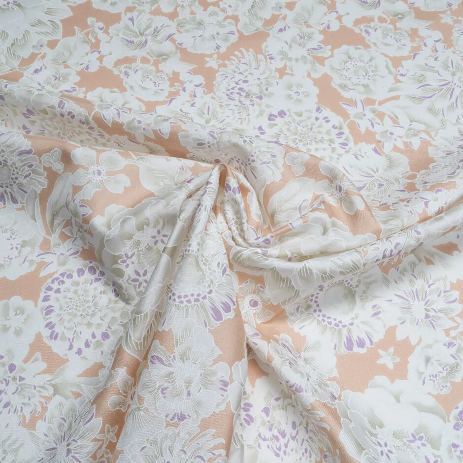 White Floral Vision Printed Peach Pure Silk Twill