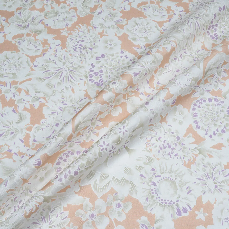 White Floral Vision Printed Peach Pure Silk Twill